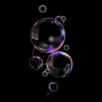 Realistic 3D soap bubbles on a black background. illustration. Transparent water realistic glass bubbles vector