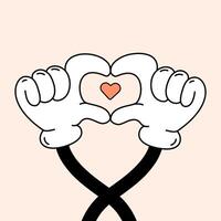 Vintage cartoon hands in gloves making a heart. Retro style illustration. Funny Hands in groove style making a heart with fingers. Symbol of love from two hands. illustration vector