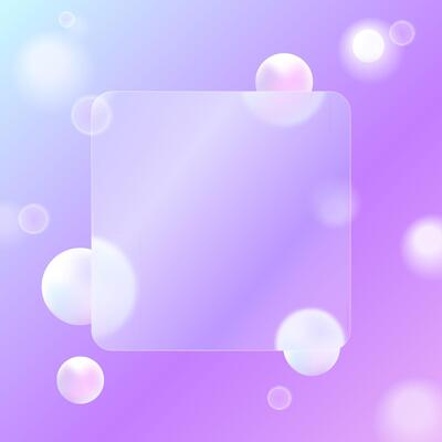 Glassmorphism frame with blur effect on a gradient blue background with blur effect illustration. Transparent glass plates with round balls. Website landing page, presentation design, icon
