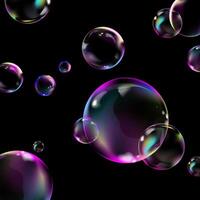 Glowing transparent bubbles on black background. Black background with realistic iridescent bubble with place for text. Square composition with soap bubbles.Creative design. illustration vector