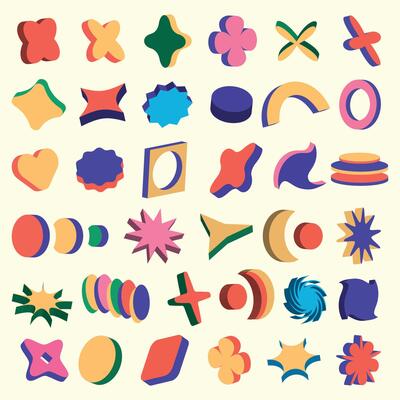 Retro brutalism style Abstract isometric shapes set.Volumetric geometric object collection. Vintage abstract elements collection. Y2K 3d geometric shapes of different colors and shapes.