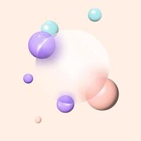 Transparent glass acrylic round plate in glass morphism style with 3D glossy balls on the background. 3D spheres of pastel colors with blur effect abstract background. illustration vector