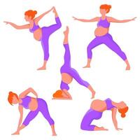 yoga para embarazada mujer conjunto.activo embarazo.embarazada mujer haciendo yoga y ejercicios para extensión y relajación.yoga conjunto.saludable estilo de vida y relajación. ilustración vector