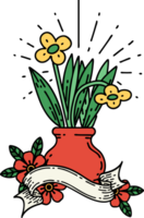 scroll banner with tattoo style flowers in vase png