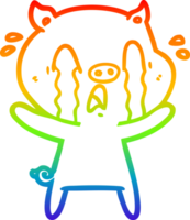 rainbow gradient line drawing of a crying pig cartoon png