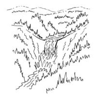 Waterfall in mountains. Hand drawn illustration. vector