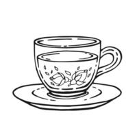 Cup of tea with healthy tea, rose. Hand drawn illustration in outline style. vector