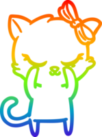 rainbow gradient line drawing of a cute cartoon cat with bow png