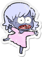 distressed sticker of a cartoon shocked elf girl png