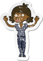 retro distressed sticker of a cartoon woman surrendering png