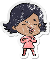 distressed sticker of a cartoon girl pulling face png