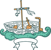 scroll banner with tattoo style empty boat with skull png