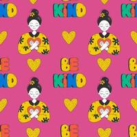 Kindness seamless pattern with girl heart text vector
