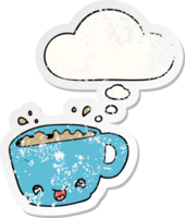 cartoon cup of coffee with thought bubble as a distressed worn sticker png