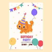 cumpleaños fiesta invitación con linda dibujos animados gato vector