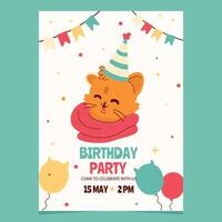 cumpleaños fiesta invitación con un linda dibujos animados gato en un bolso vector
