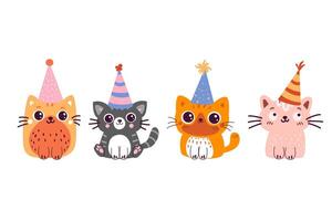 Concept happy birthday doodle cats set. Birthday party funny character cats vector