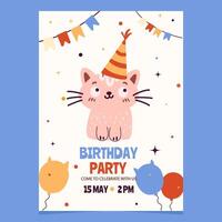 cumpleaños fiesta invitación con garabatear gato personaje vector