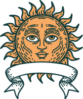 tatuaje tradicional con pancarta de un sol con cara png