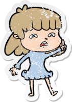 distressed sticker of a cartoon worried woman png