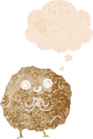 cartoon rock character with thought bubble in grunge distressed retro textured style png