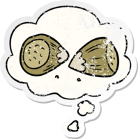 cartoon hazelnuts with thought bubble as a distressed worn sticker png