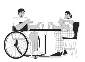 en silla de ruedas árabe hombre con amigo en café negro y blanco 2d línea dibujos animados caracteres. discapacitado masculino y hindú mujer aislado contorno gente. diversidad monocromo plano Mancha ilustración vector