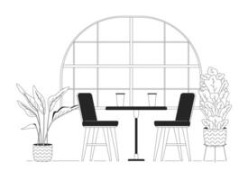 Cozy restaurant interior line black and white line illustration. Table near window in coffeeshop 2D lineart objects isolated. Dinner at fancy cafeteria monochrome scene outline image vector