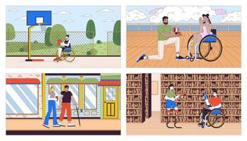 People with disability daily life cartoon flat illustrations. Regular activities of disabled 2D line characters colorful background. Inclusion culture scenes storytelling image collection vector