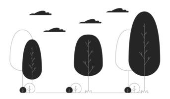 Trees and bushes in park line black and white line illustration. Young forest on summer day 2D lineart objects isolated. Travelling to nature for relaxation monochrome scene outline image vector