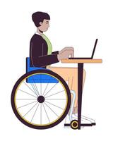 discapacitado latín americano hombre trabajando en ordenador portátil 2d lineal dibujos animados personaje. Hispano masculino empleado en silla de ruedas aislado línea persona blanco antecedentes. inclusión color plano Mancha ilustración vector