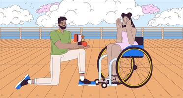 Getting engaged cartoon flat illustration. Black man proposing to wheelchaired latina woman 2D line characters colorful background. Happy life with disability scene storytelling image vector