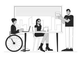 discapacitado personas en oficina línea negro y blanco línea ilustración. empleados con invalidez 2d arte lineal caracteres aislado. inclusividad a lugar de trabajo monocromo escena contorno imagen vector