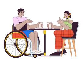 en silla de ruedas árabe hombre con amigo en café 2d lineal dibujos animados caracteres. discapacitado masculino y hindú mujer aislado línea personas blanco antecedentes. diversidad color plano Mancha ilustración vector