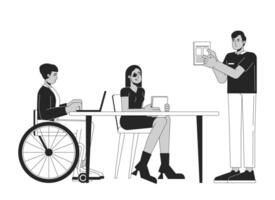 Diverse colleagues in office black and white 2D line cartoon characters. Supporting employees with disabilities at work isolated outline people. Corporate monochromatic flat spot illustration vector