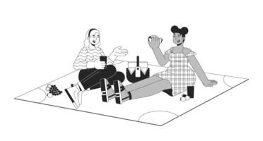 más tamaño diverso mujer teniendo picnic negro y blanco 2d línea dibujos animados caracteres. obeso amigos comiendo al aire libre aislado contorno gente. cuerpo positivo monocromo plano Mancha ilustración vector