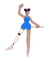 negro bailarina con pierna prótesis 2d lineal dibujos animados personaje. africano americano hembra danza aislado línea persona blanco antecedentes. vida con invalidez color plano Mancha ilustración vector