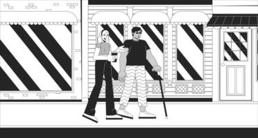Diverse friends on walk in city black and white line illustration. Arab man with blindness and european female on street 2D characters monochrome background. Inclusion outline scene image vector