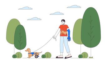 discapacitado mascota propietario línea dibujos animados plano ilustración. asiático hombre con protésico brazo caminando en silla de ruedas perro 2d arte lineal personaje aislado en blanco antecedentes. invalidez diario escena color imagen vector