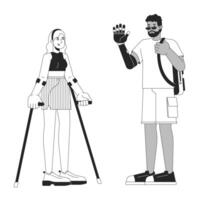 Friends disabilities black and white 2D line cartoon characters. European woman crutches and black man arm prosthesis isolated outline people. Diversity monochromatic flat spot illustration vector