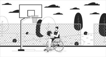 Disabled basketball player man black and white line illustration. Wheelchaired caucasian male on sports ground 2D character monochrome background. Active lifestyle outline scene image vector
