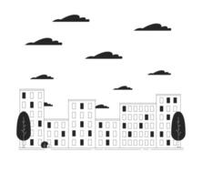 Cityscape with multistory apartment buildings line black and white line illustration. Dwelling block of town 2D lineart objects isolated. Urban area monochrome scene outline image vector