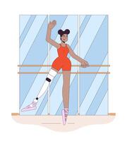 discapacitado bailarina línea dibujos animados plano ilustración. africano americano mujer con pierna prótesis bailando 2d arte lineal personaje aislado en blanco antecedentes. invalidez bailarín escena color imagen vector