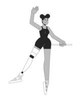 negro bailarina con pierna prótesis negro y blanco 2d línea dibujos animados personaje. africano americano hembra danza aislado contorno persona. vida con invalidez monocromo plano Mancha ilustración vector