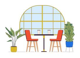 Cozy restaurant interior line cartoon flat illustration. Table near window in coffeeshop 2D lineart objects isolated on white background. Dinner at fancy cafeteria scene color image vector