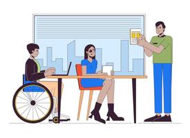 Disabled people in office line cartoon flat illustration. Employees with disability 2D lineart characters isolated on white background. Inclusivity at workplace scene color image vector