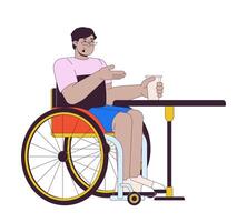 discapacitado árabe hombre a café mesa 2d lineal dibujos animados personaje. medio oriental masculino en silla de ruedas aislado línea persona blanco antecedentes. accesibilidad apoyo color plano Mancha ilustración vector