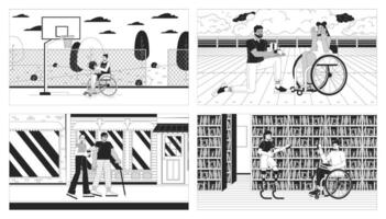 People with disability daily life black and white line illustrations. Regular activities of disabled 2D characters monochrome background. Inclusion culture scenes storytelling image collection vector