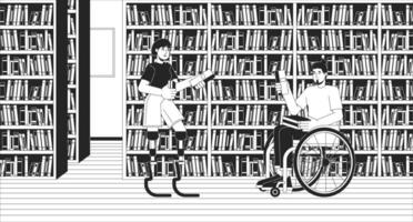 discapacitado amigos yendo a biblioteca negro y blanco línea ilustración. mujer con protésico piernas y en silla de ruedas hombre 2d caracteres monocromo antecedentes. inclusión contorno escena imagen vector