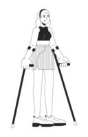 Confident woman with crutches black and white 2D line cartoon character. European female using aid in walking isolated outline person. Injury recovering monochromatic flat spot illustration vector